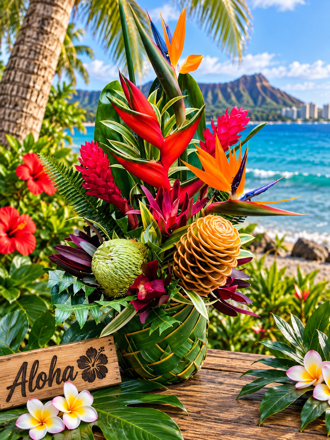 Hawaiian Island Escape Basket – Exotic Tropical Flowers & Bird of Paradise Arrangement