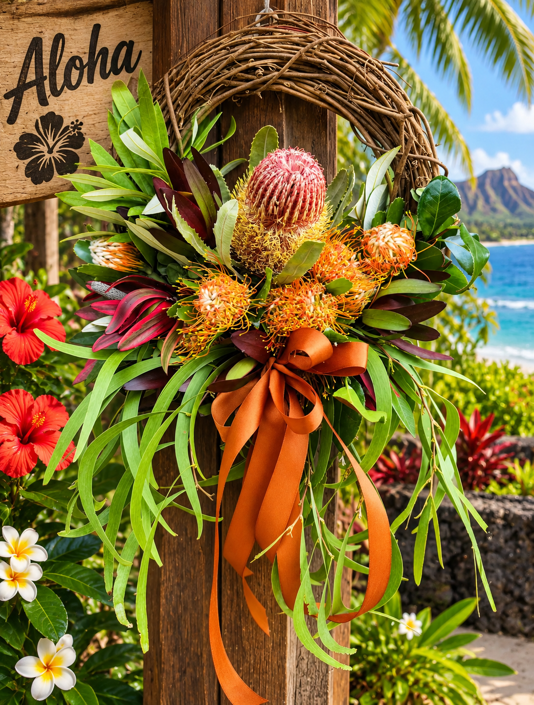 Hawaiian Island Welcome Protea Wreath – Fresh Tropical Flower Door Wreath